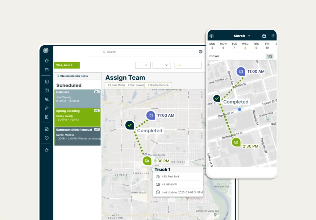 Map and routing view of scheduled visits and completed visits in Jobber's service scheduling software