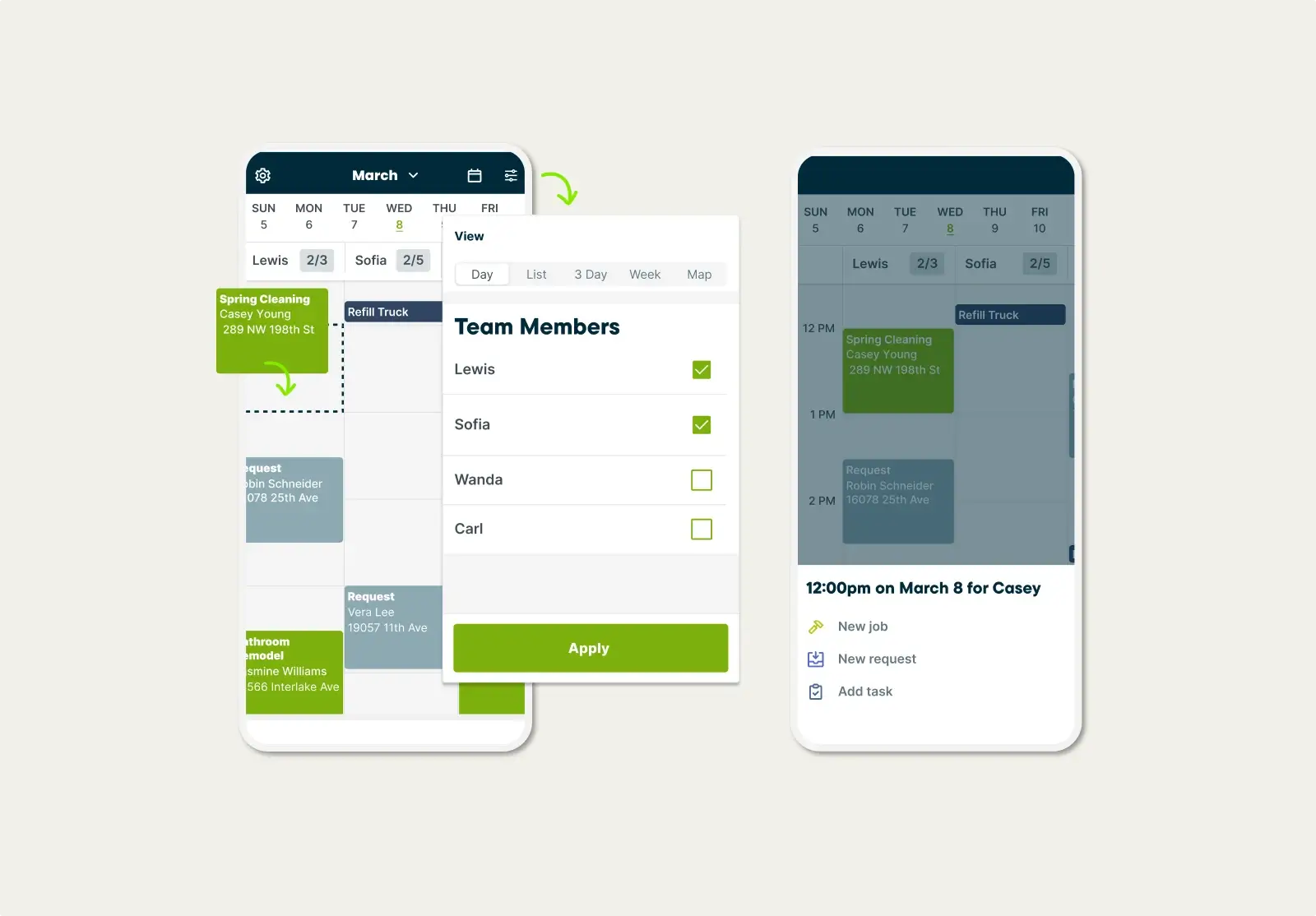 Job scheduling view with assigned team members in the Jobber Mobile App