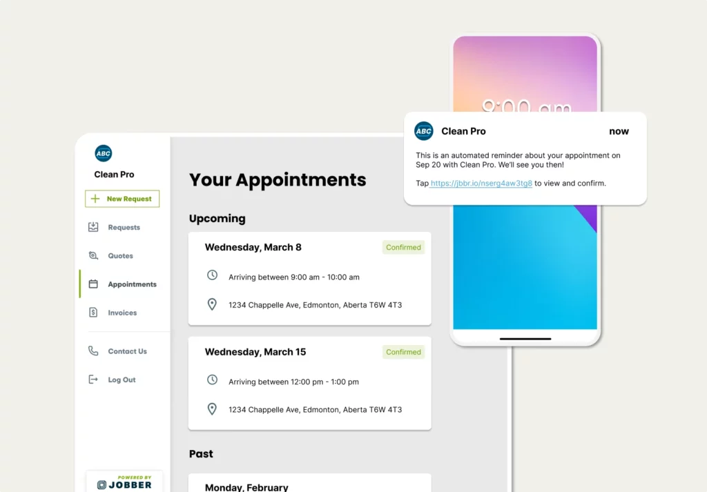Notifications of a scheduling change and new task from Jobber service scheduling software
