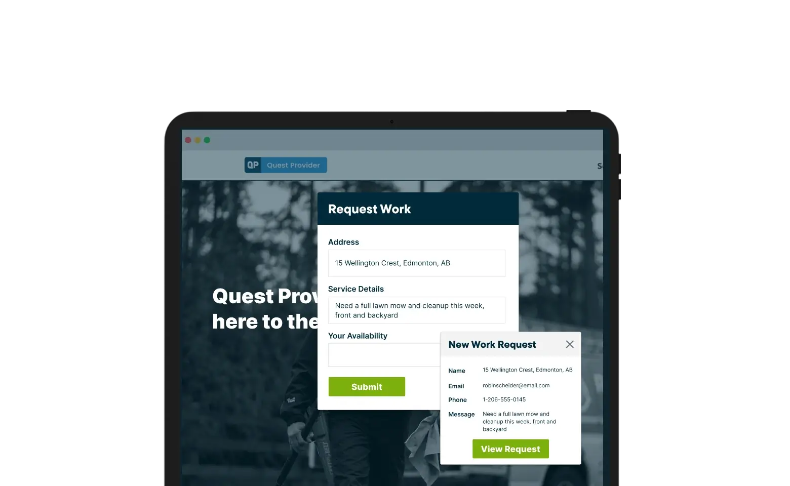 Tablet showing Jobber's quote request form software