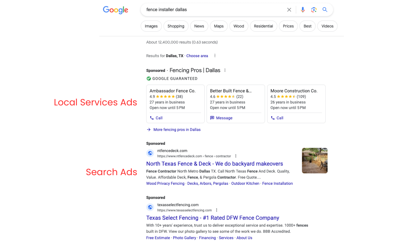 a Google search for a local fencing business. the results show local services ads on top and search ads below.