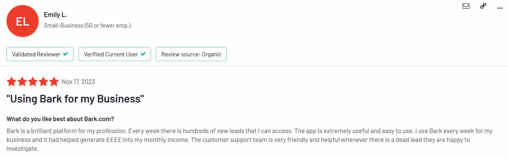 Bark review from Emily about positive experience