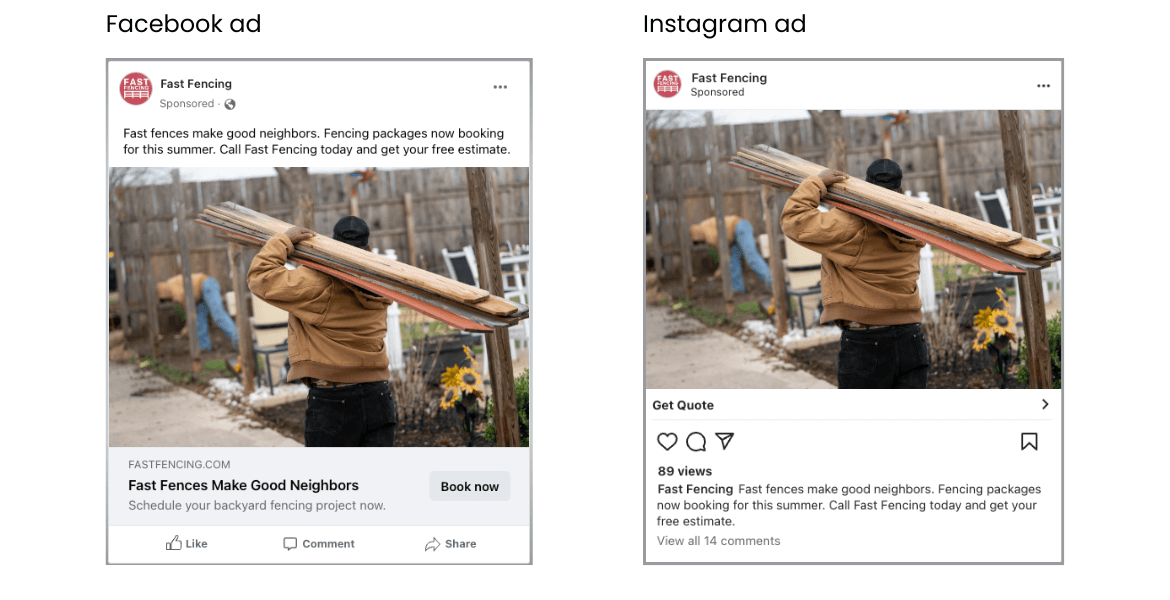 examples of facebook and instagram ads for a local fence company