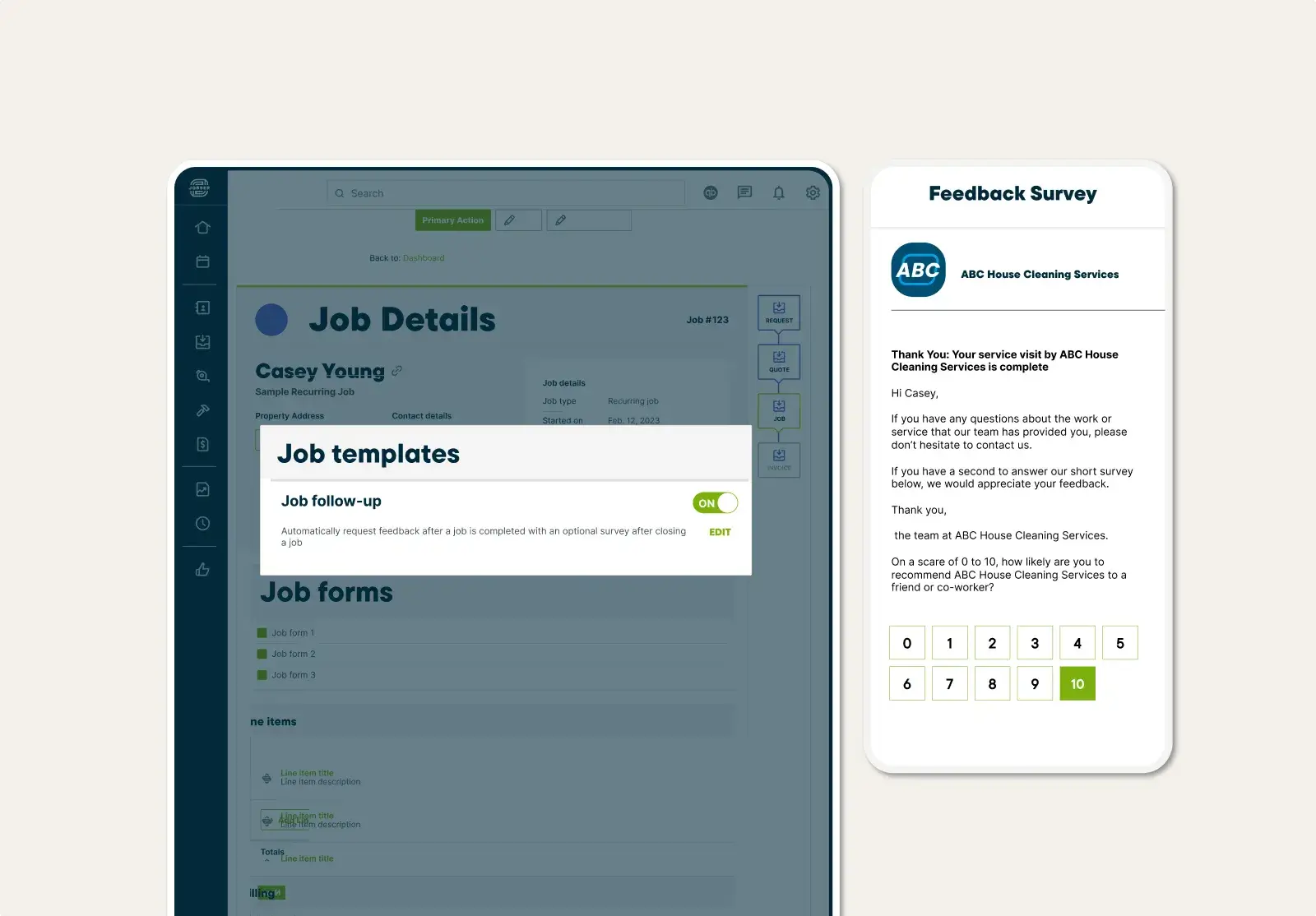 Client follow-up email sent in Jobber with a feedback survey