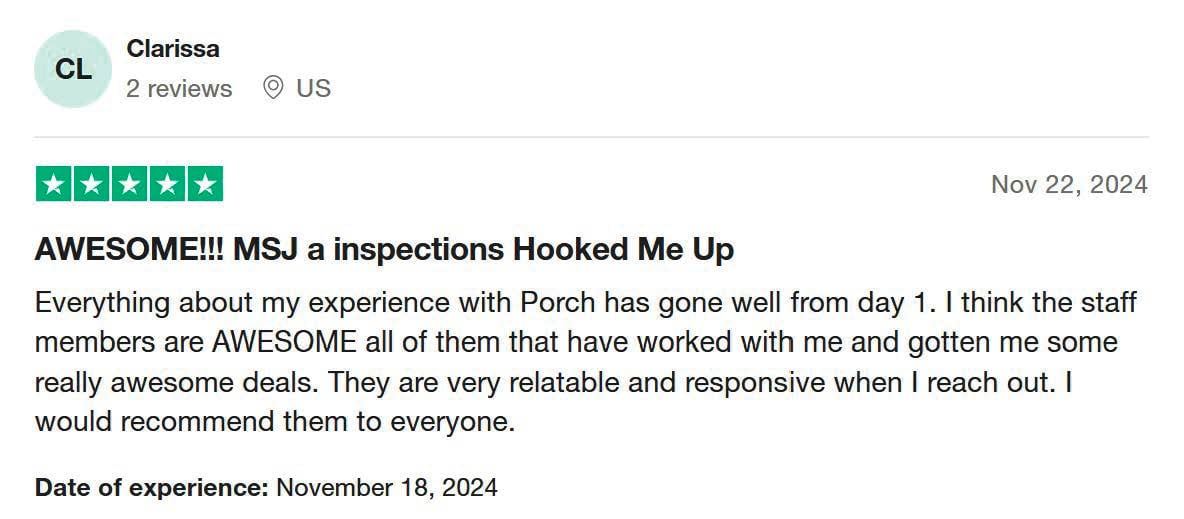 Porch review from Clarissa about positive experience