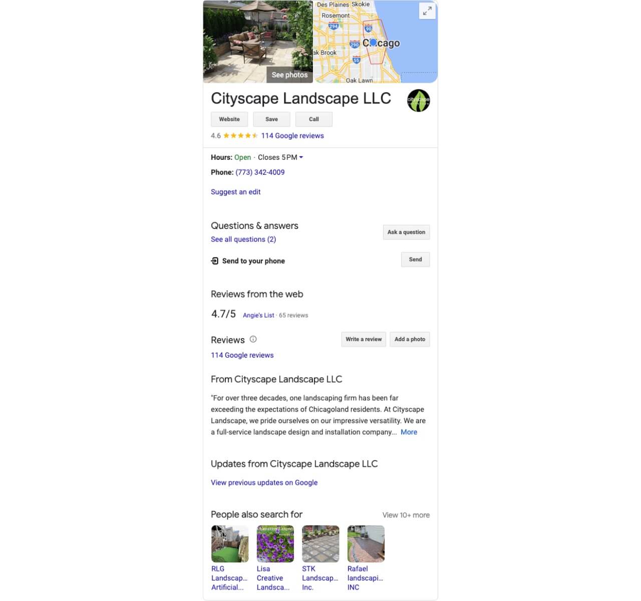 The Google Business Profile for CityScape Landscaping, which shows the map area, business name, address, and reviews.