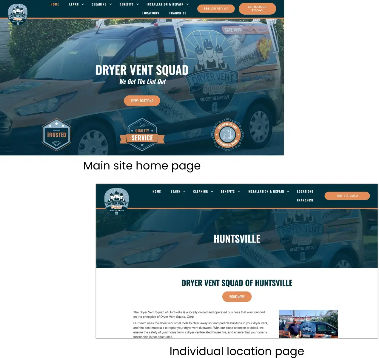 Example of a franchise service business website with pages for each location