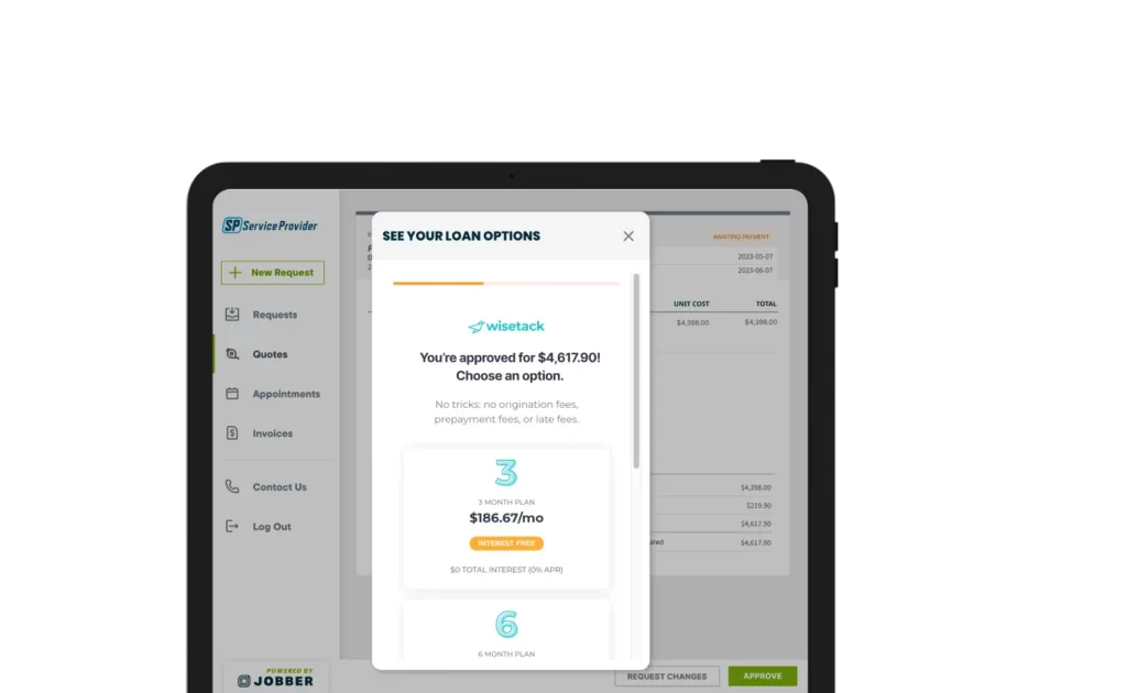 Consumer financing in Jobber powered by Wisetack