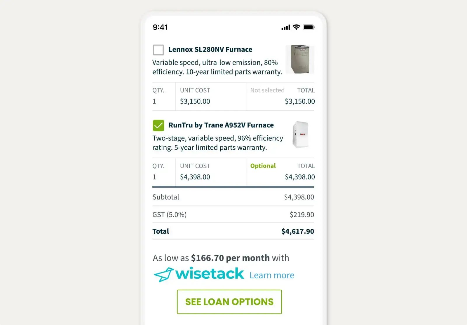 Quote in Jobber with a button to see consumer financing loan options provided by Wisetack