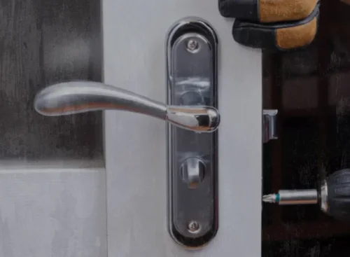 image of a locksmith fixing a door lock after using Jobber's locksmith software