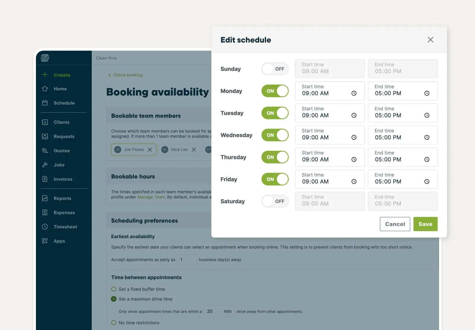 Bookable team member settings in Jobber's online booking software