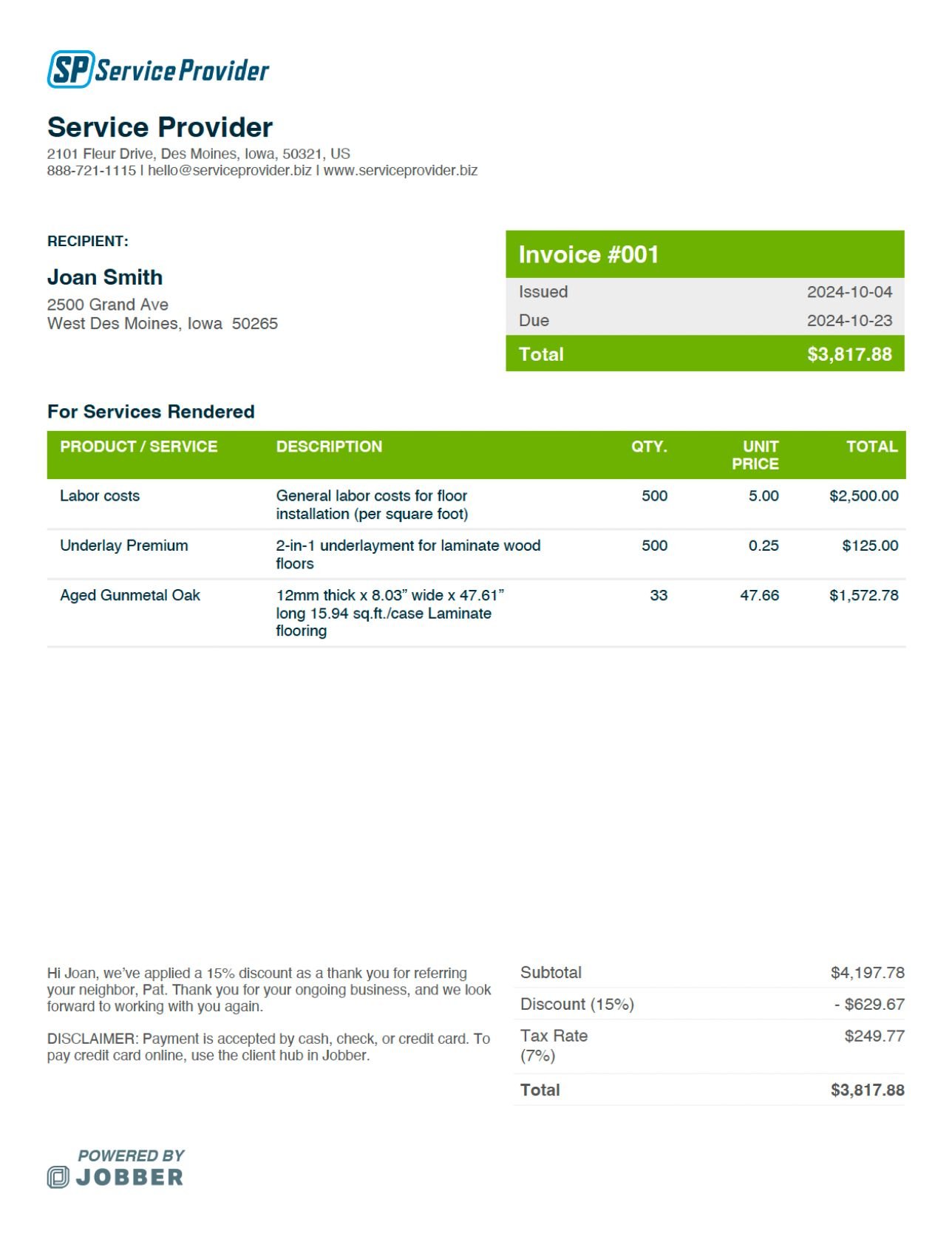 Example of an invoice generated with Jobber's free invoice template