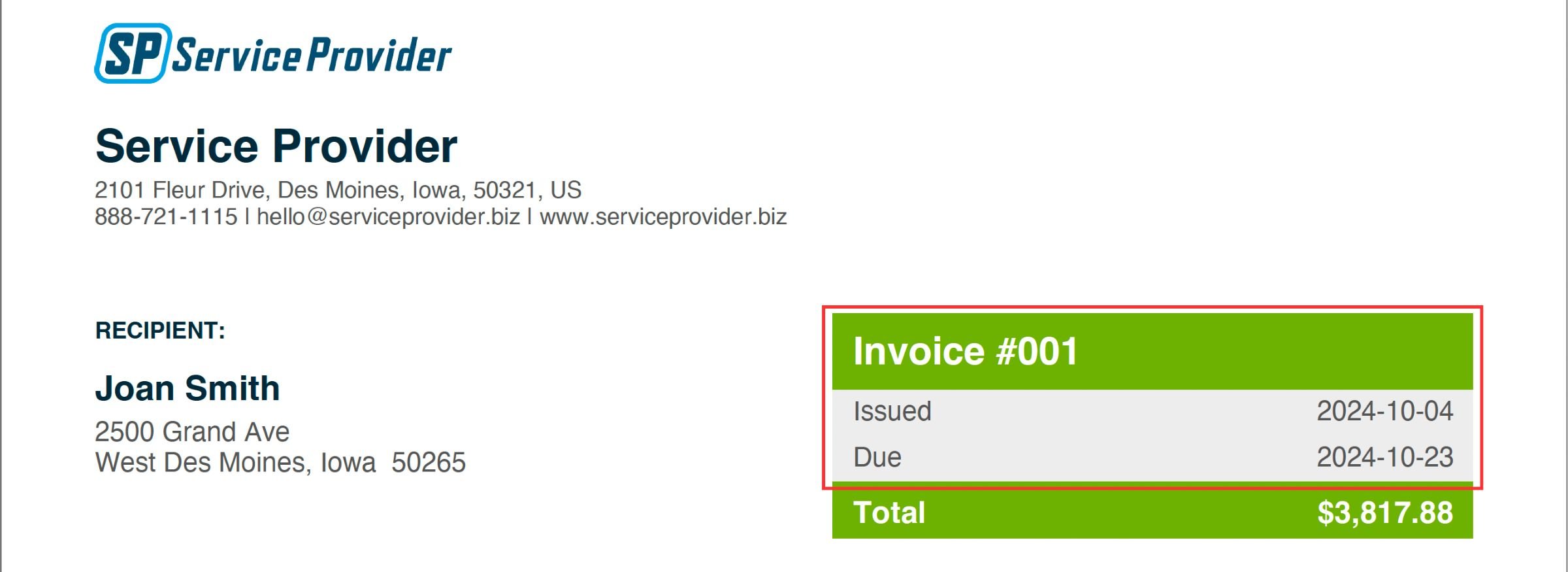 Adding a unique invoice number, issue date, and payment due date to an invoice.