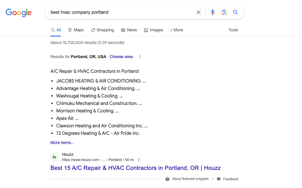 Google Search result for best HVAC companies with a top ten list from a business directory