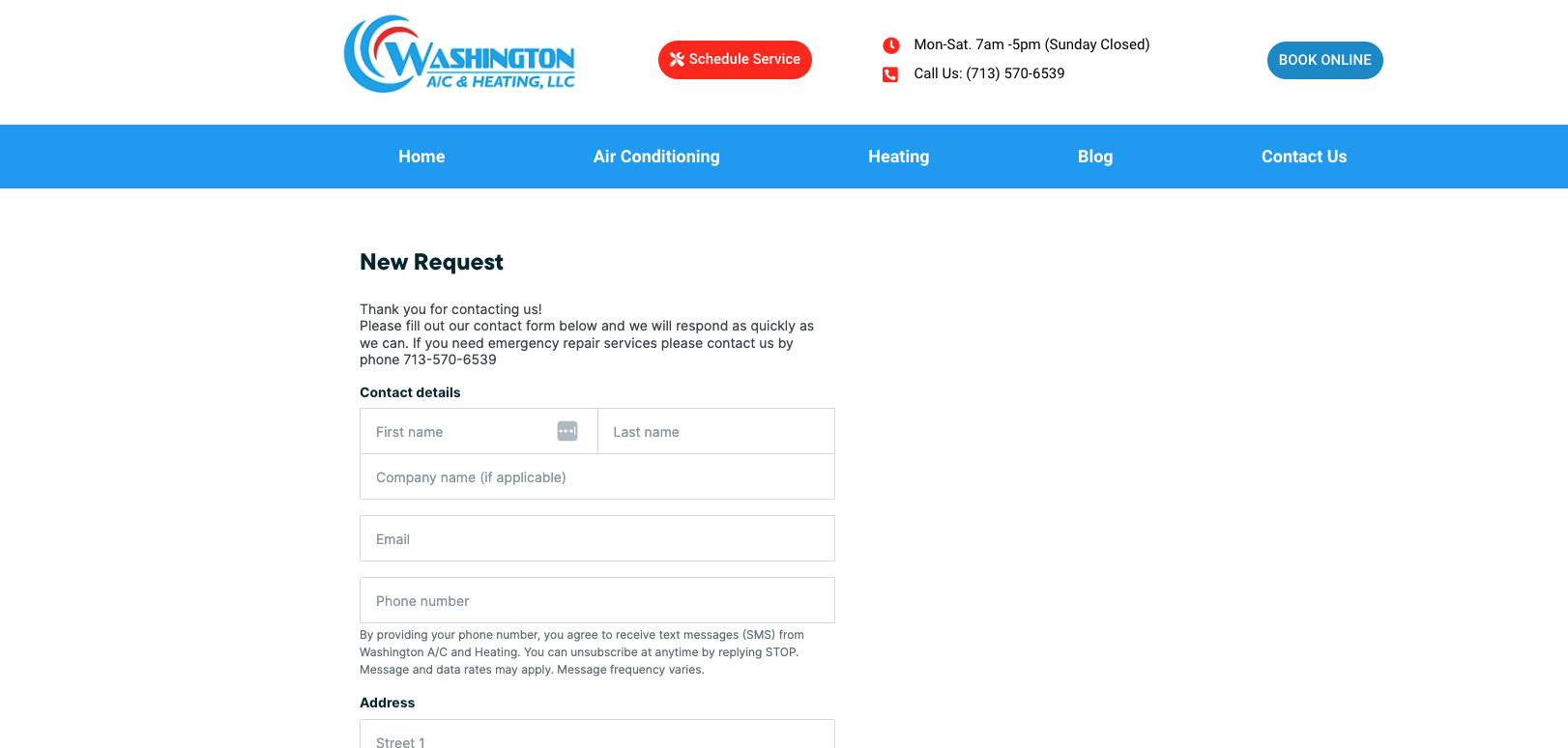 HVAC company website with a Jobber online booking form