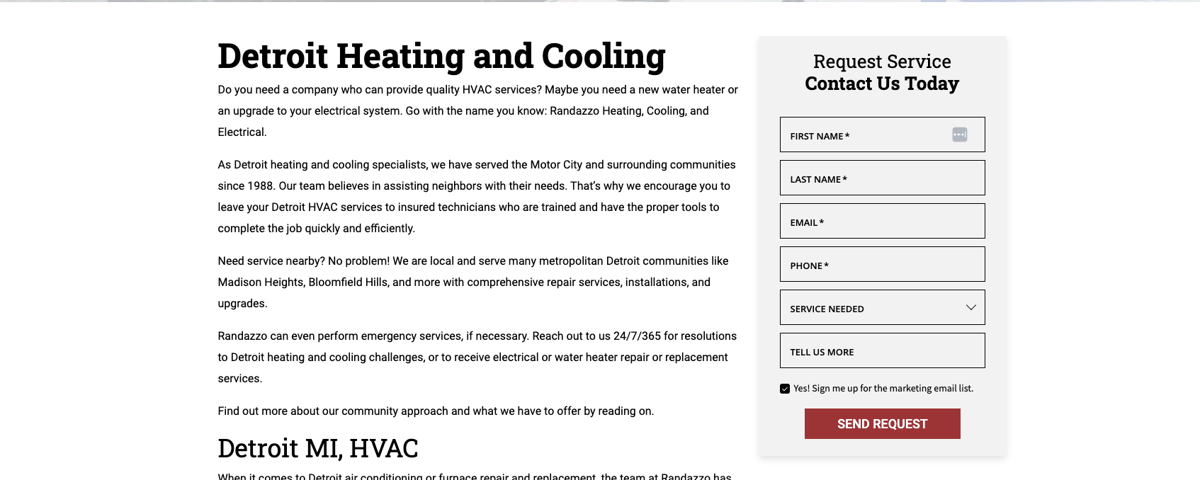 The Detroit location page on an HVAC company website