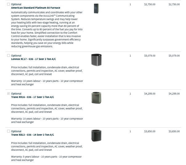 Good better best proposal for an AC unit with three options and a heating system option