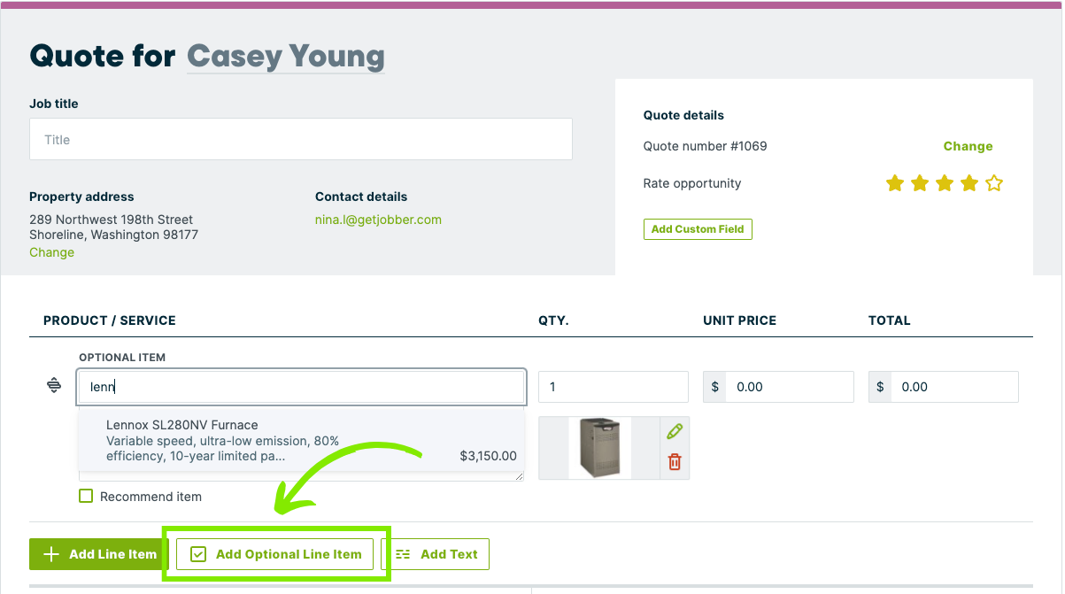 Adding optional line items to an HVAC quote in Jobber