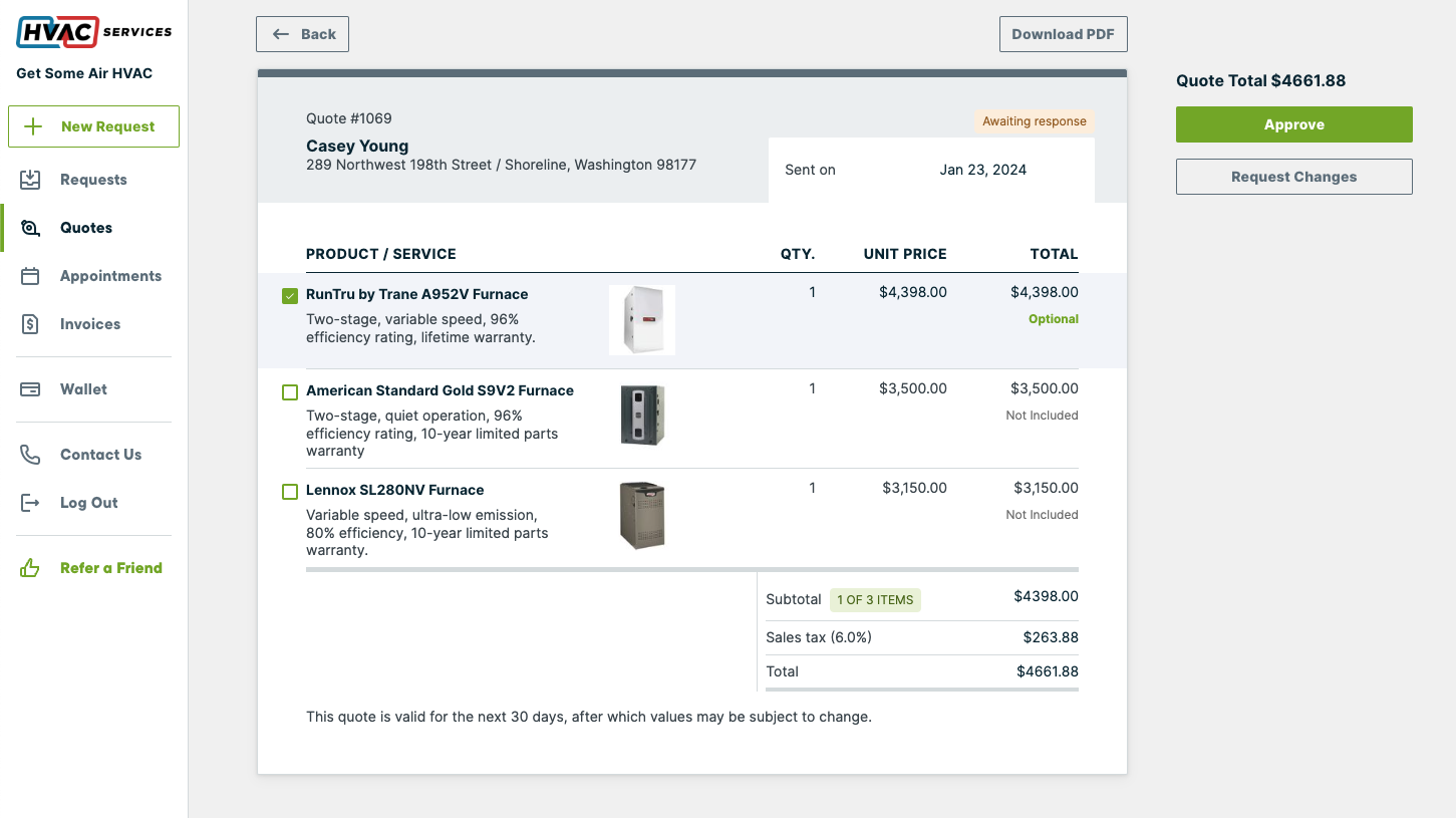 Good better best HVAC proposal in client hub