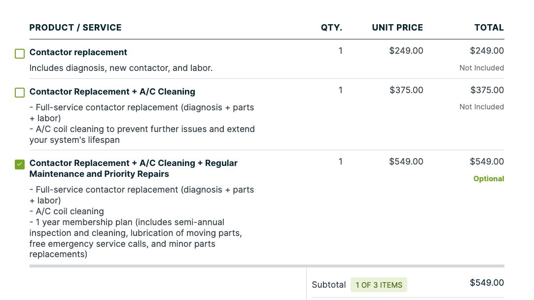 Good Better Best HVAC proposal with a service contract upgrade
