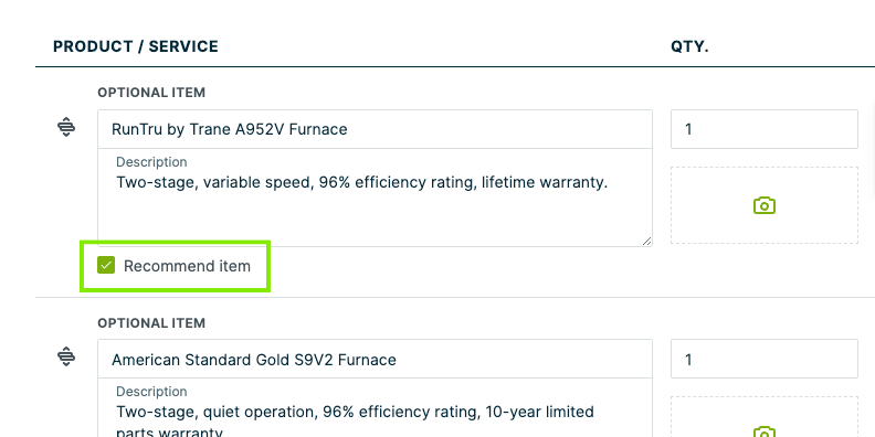 Marking a Recommended line item in a Jobber HVAC quote