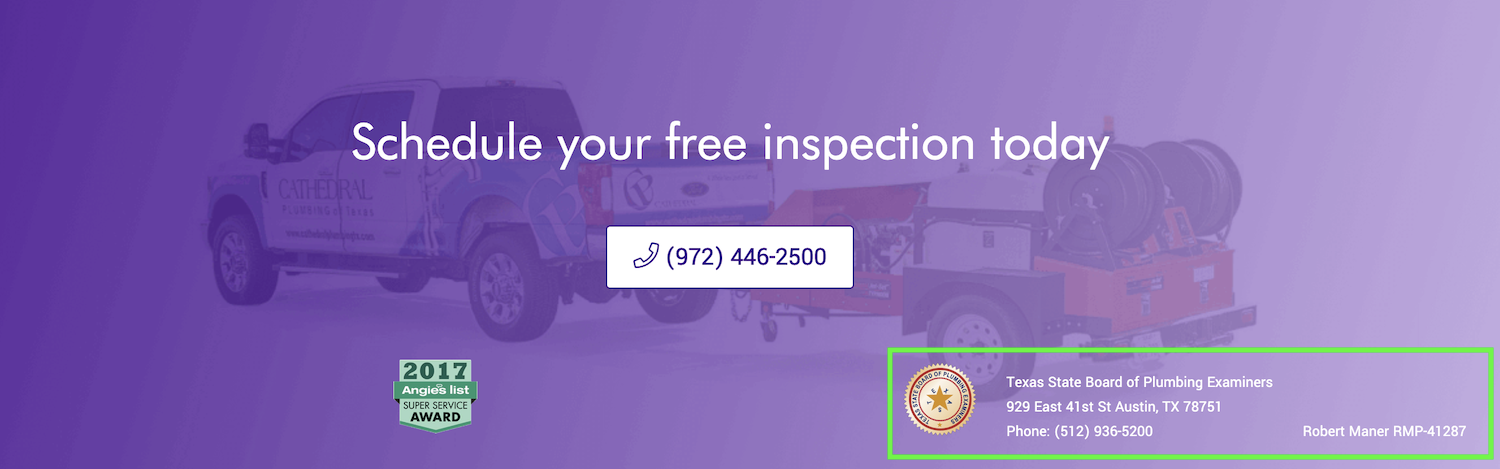 Plumbing website license info