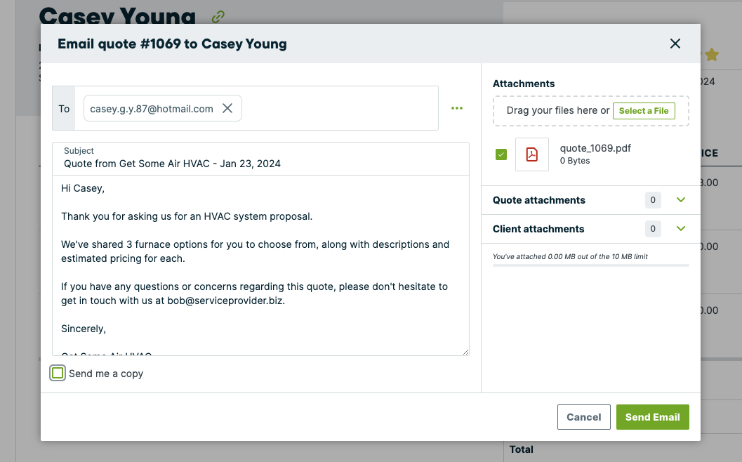 Sending an HVAC proposal in Jobber