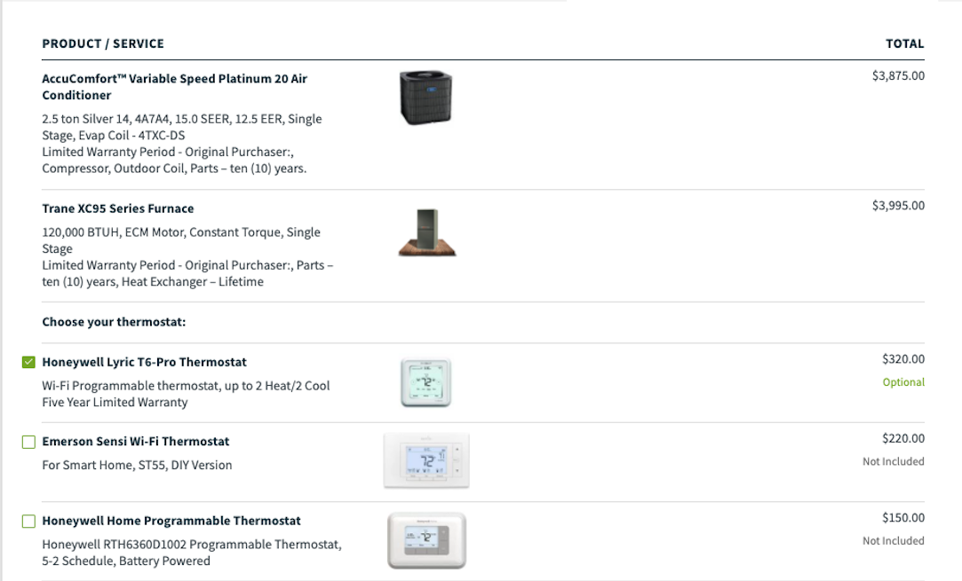 Good better best HVAC proposal with smart thermostat options