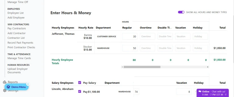 Entering hours and money into Patriot Software for payroll