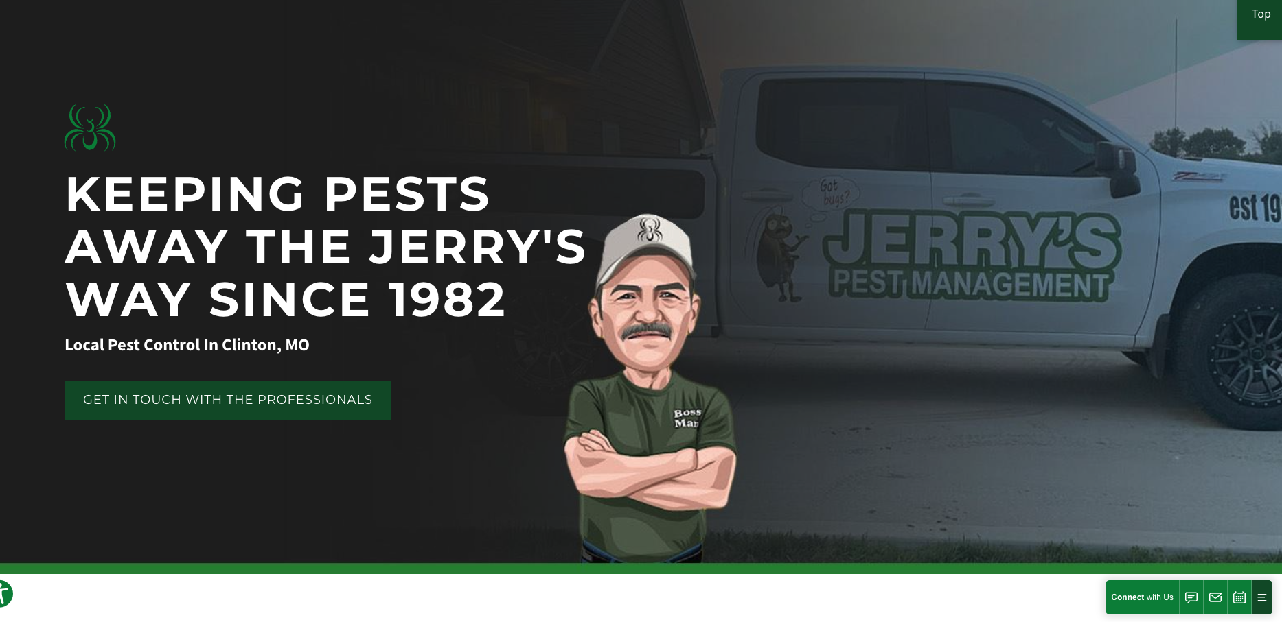 Jerry's Pest Management pest control website with a logo, illustration, and brand colors