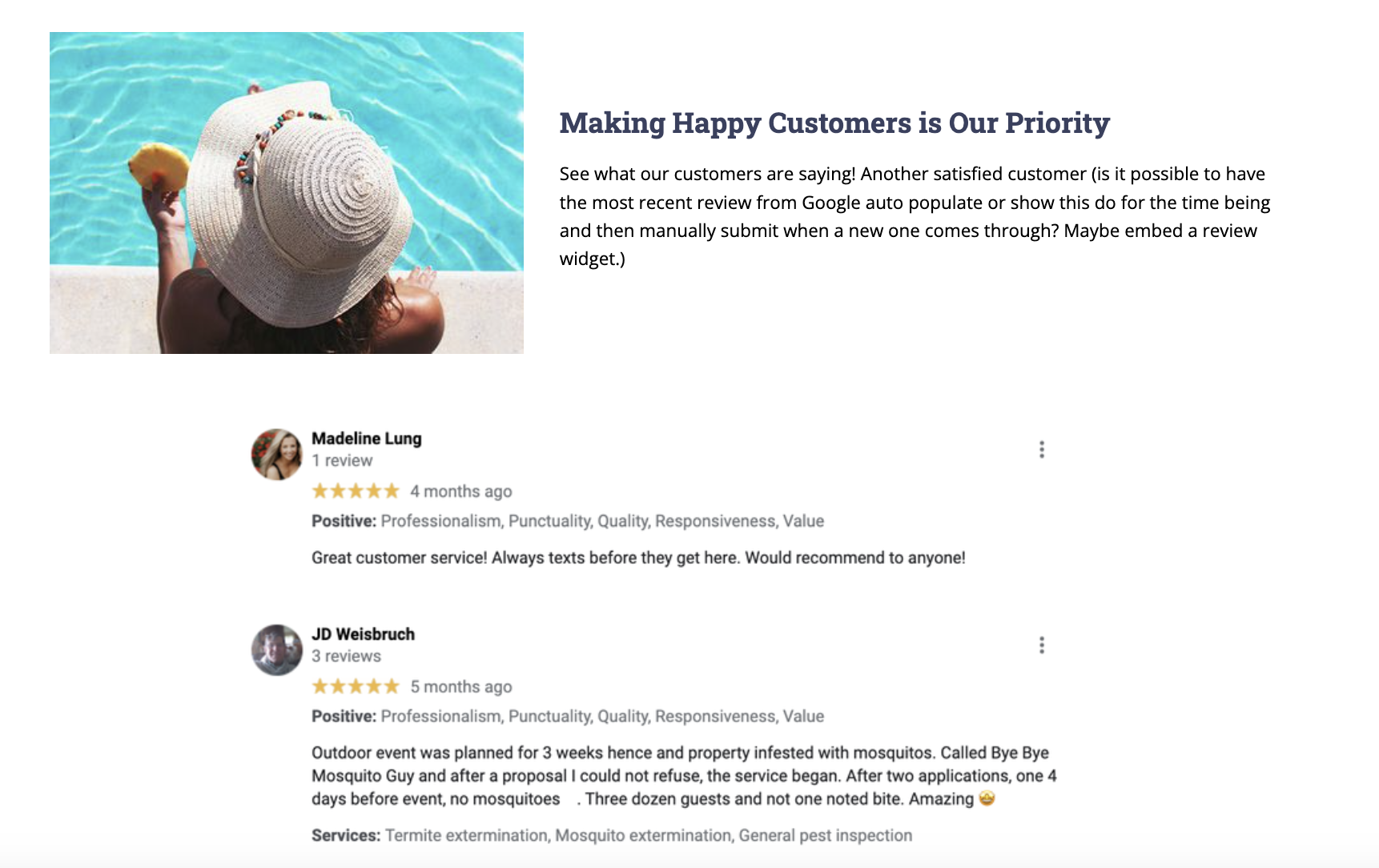 Customer reviews on Bye Bye Mosquito Guy website