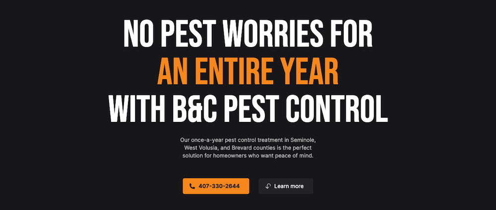B&C pest control website with a unique selling point on the homepage