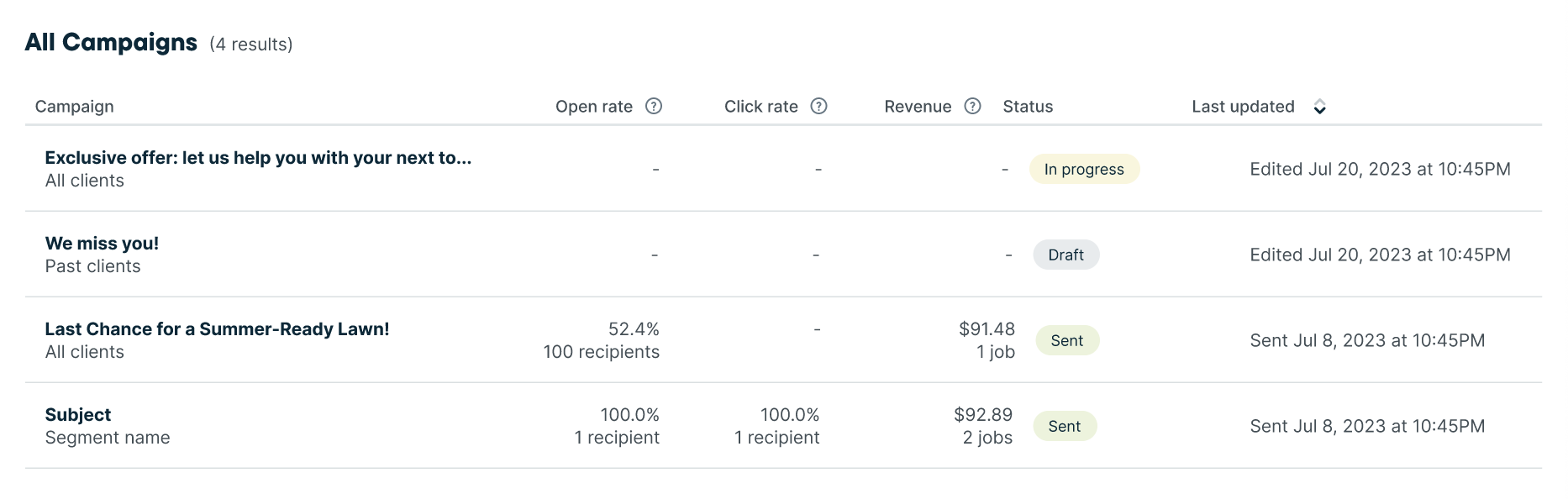 View of all email campaigns sent in Jobber Campaigns