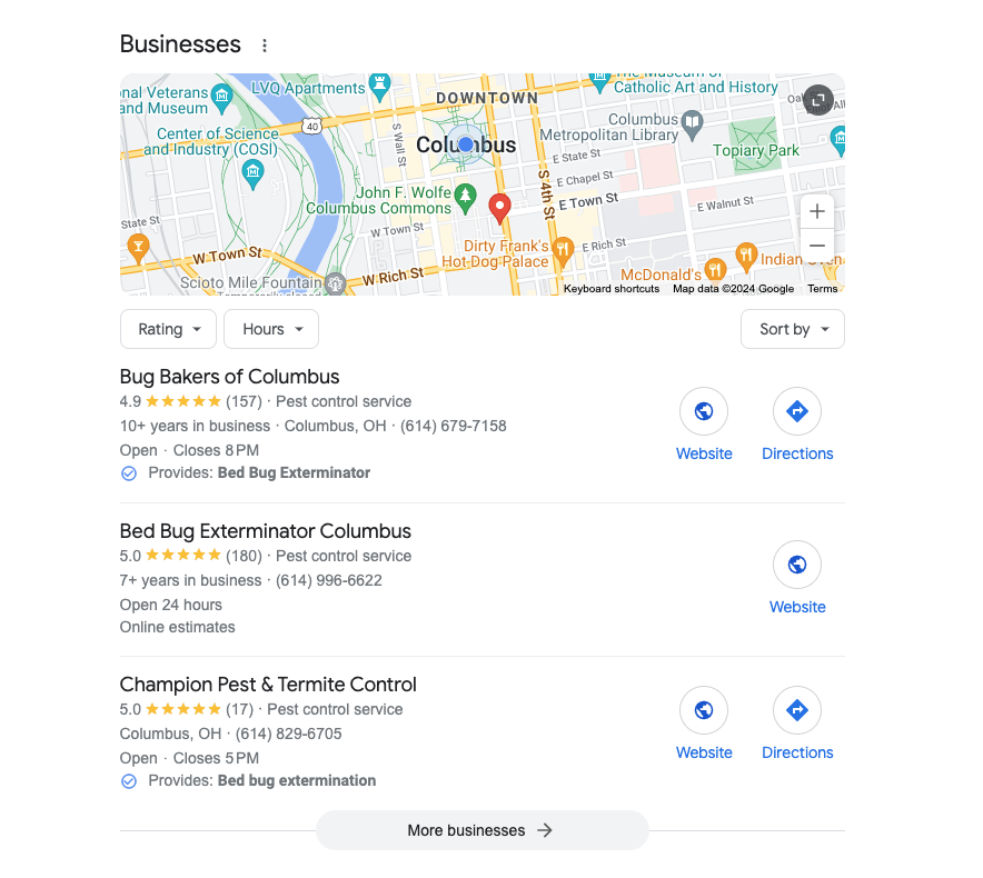 Google search showing the Google Business Profiles of bed bug exterminators in Ohio