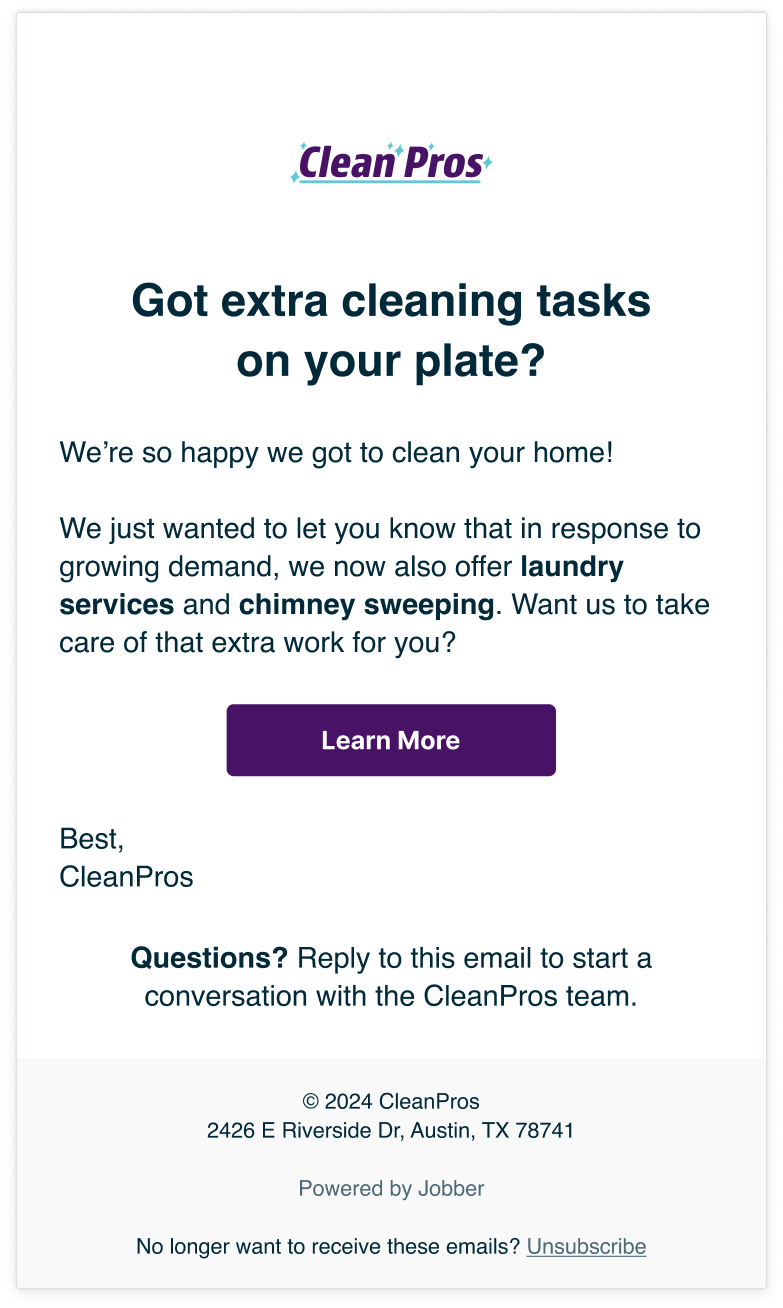 New services announcement email campaign sent with Jobber Campaigns