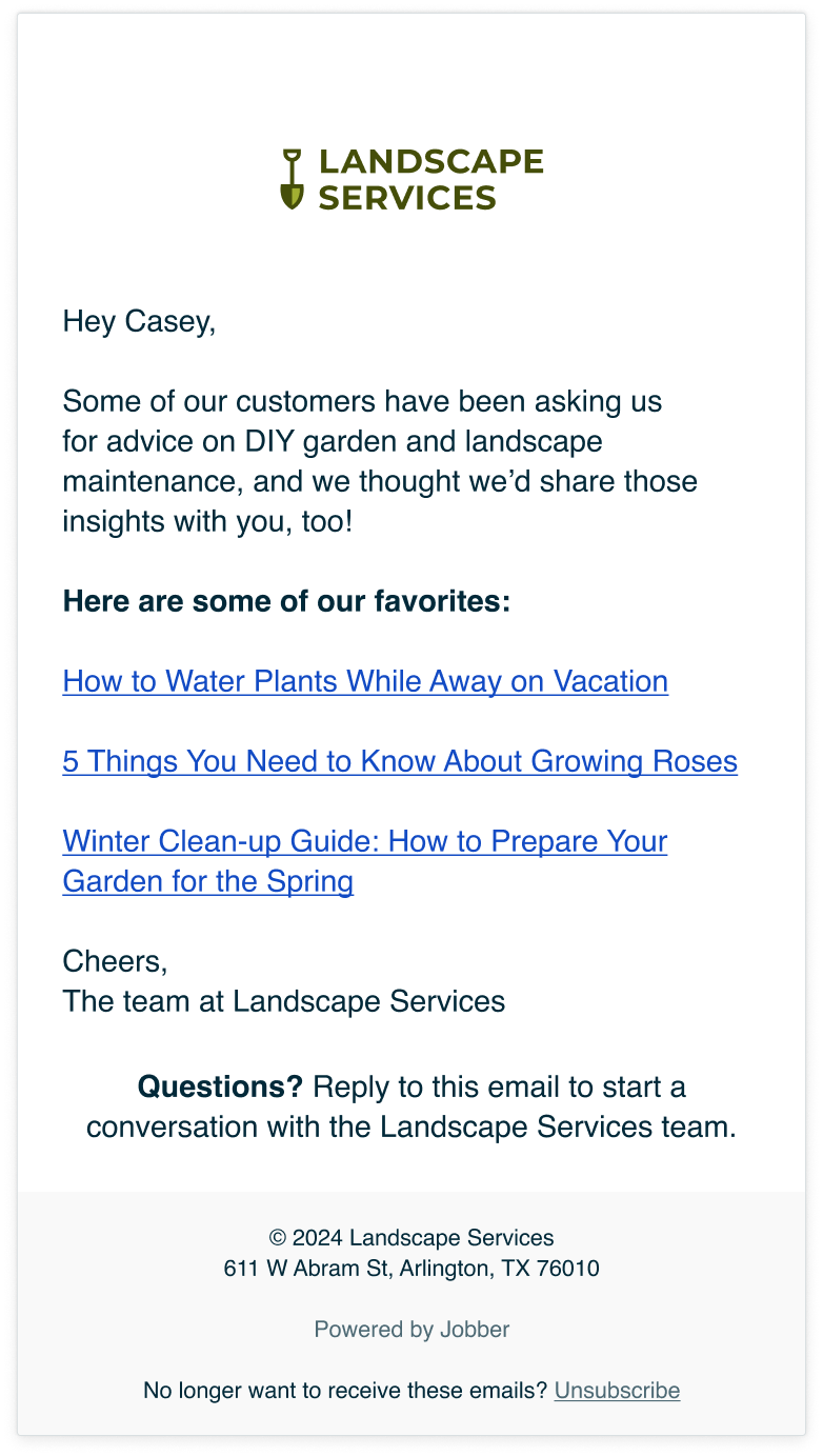 Educational newsletter email sent with Jobber Campaigns