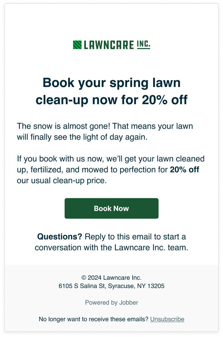 Seasonal lawn clean-up email sent with Jobber Campaigns