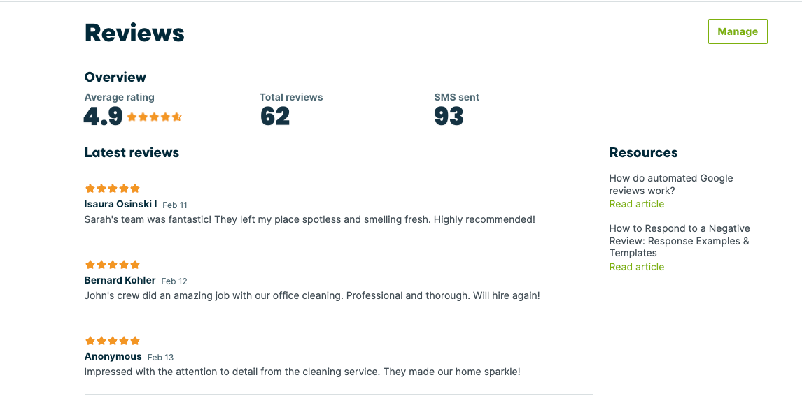 Reviews dashboard in Jobber