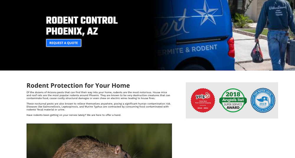 Rodent control service page on a pest control website
