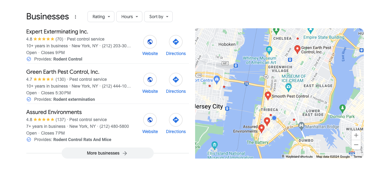 Google search showing the Google Business Profiles of rodent control businesses in New York