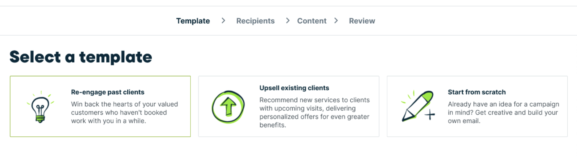 Three email template options in Jobber Campaigns