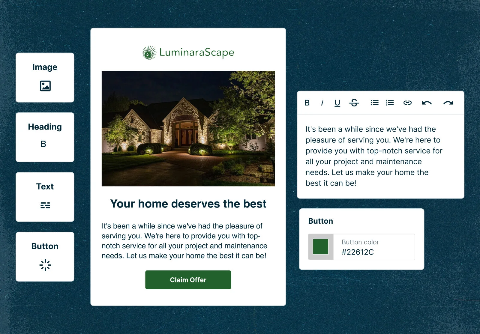 A customer re-engagement email from a landscaping company built with Jobber Campaigns. Surrounding it are email elements that can be customized and a rich text editor.