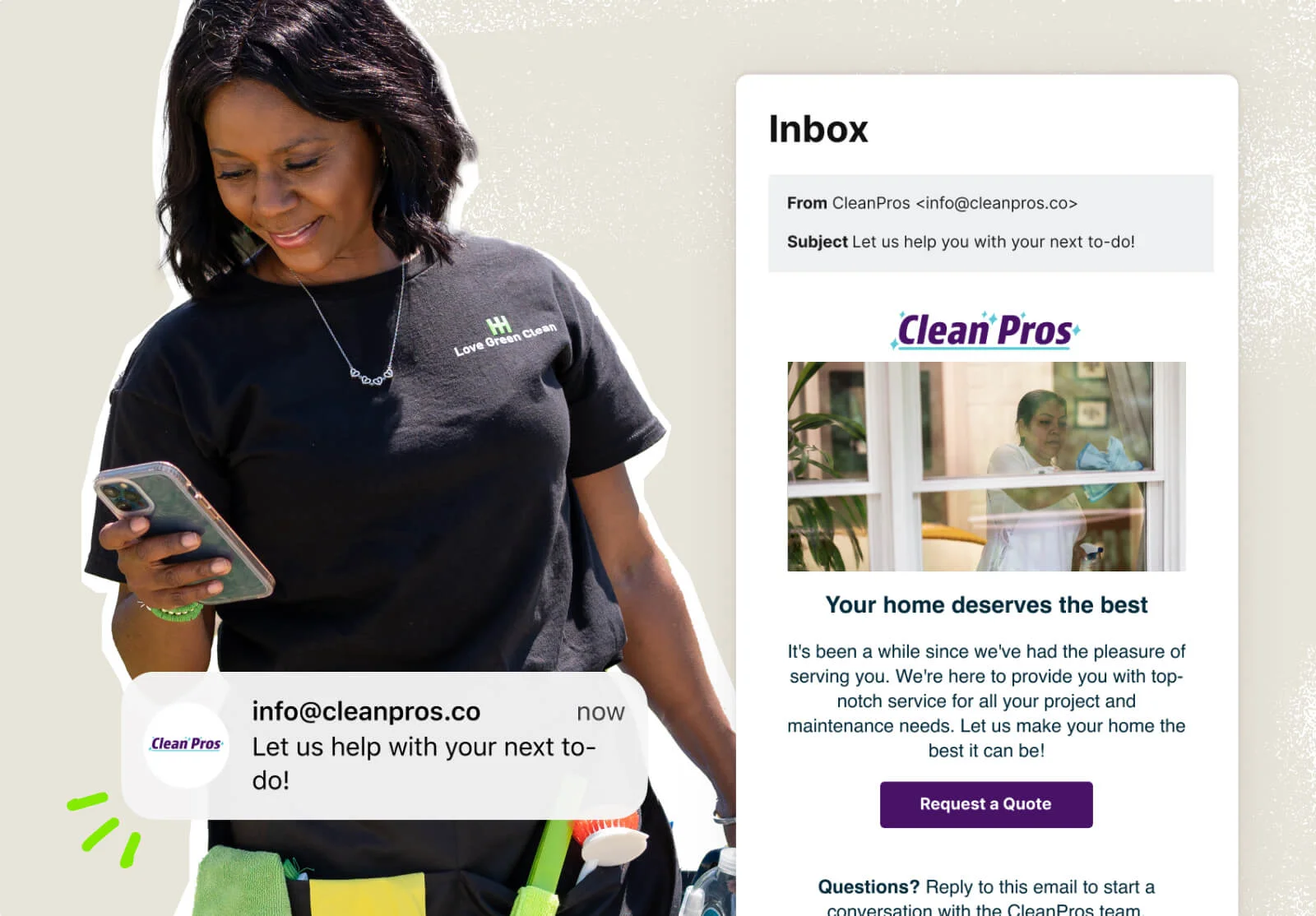 A cleaning service provider looking at her mobile phone. Beside her is an enlarged re-engagement campaign email created with Jobber Campaigns.