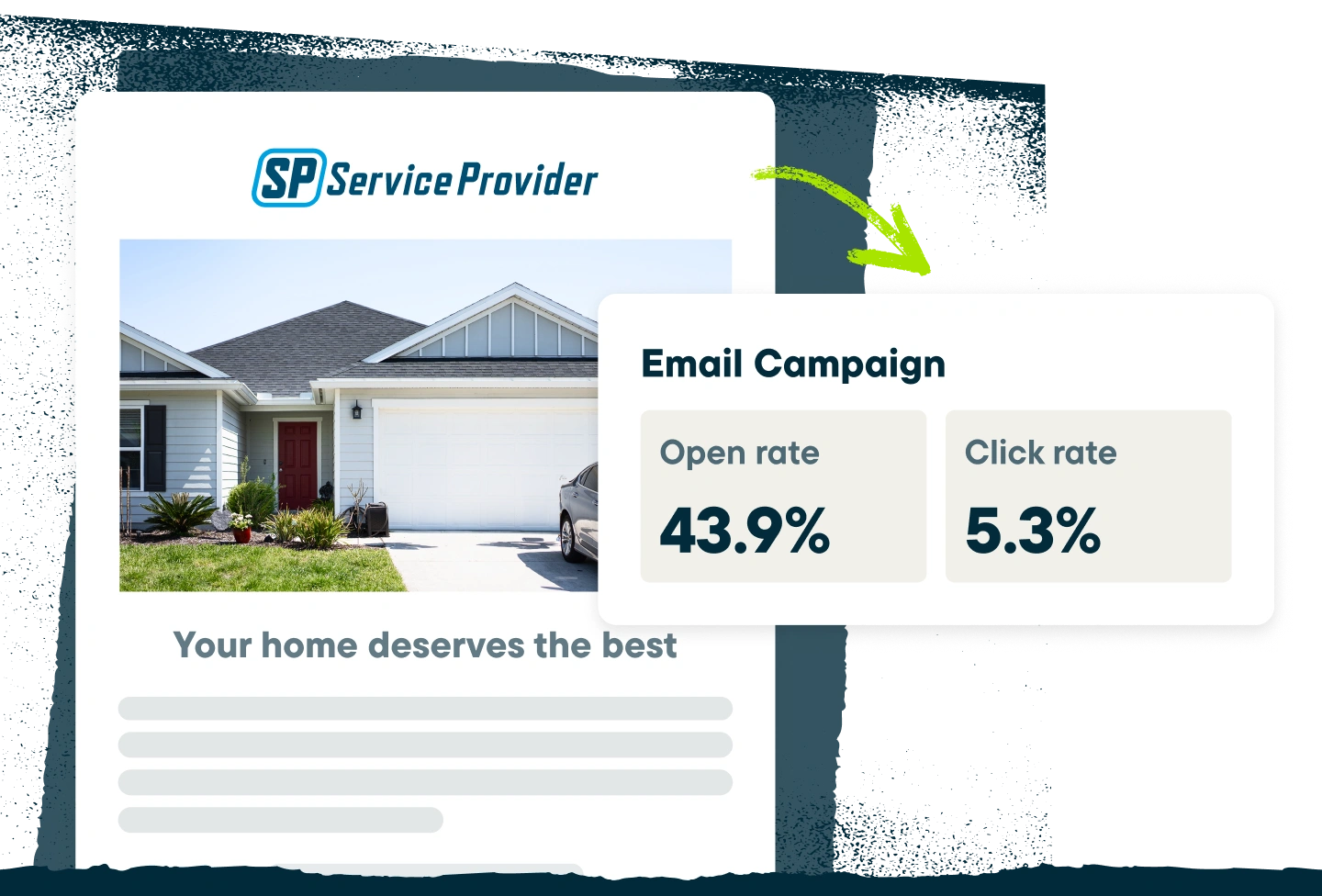 A professional home services email campaign mockup showing the open rate and click rate for a customer engagement campaign