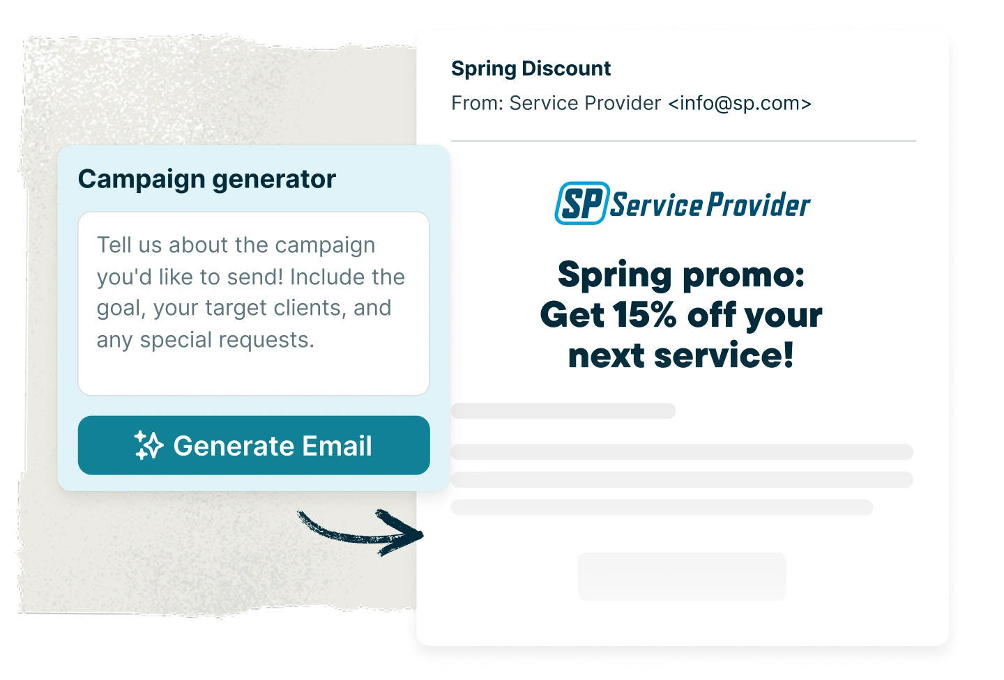 A customer retention email created by Jobber's Campaign Generator, part of Marketing Tools