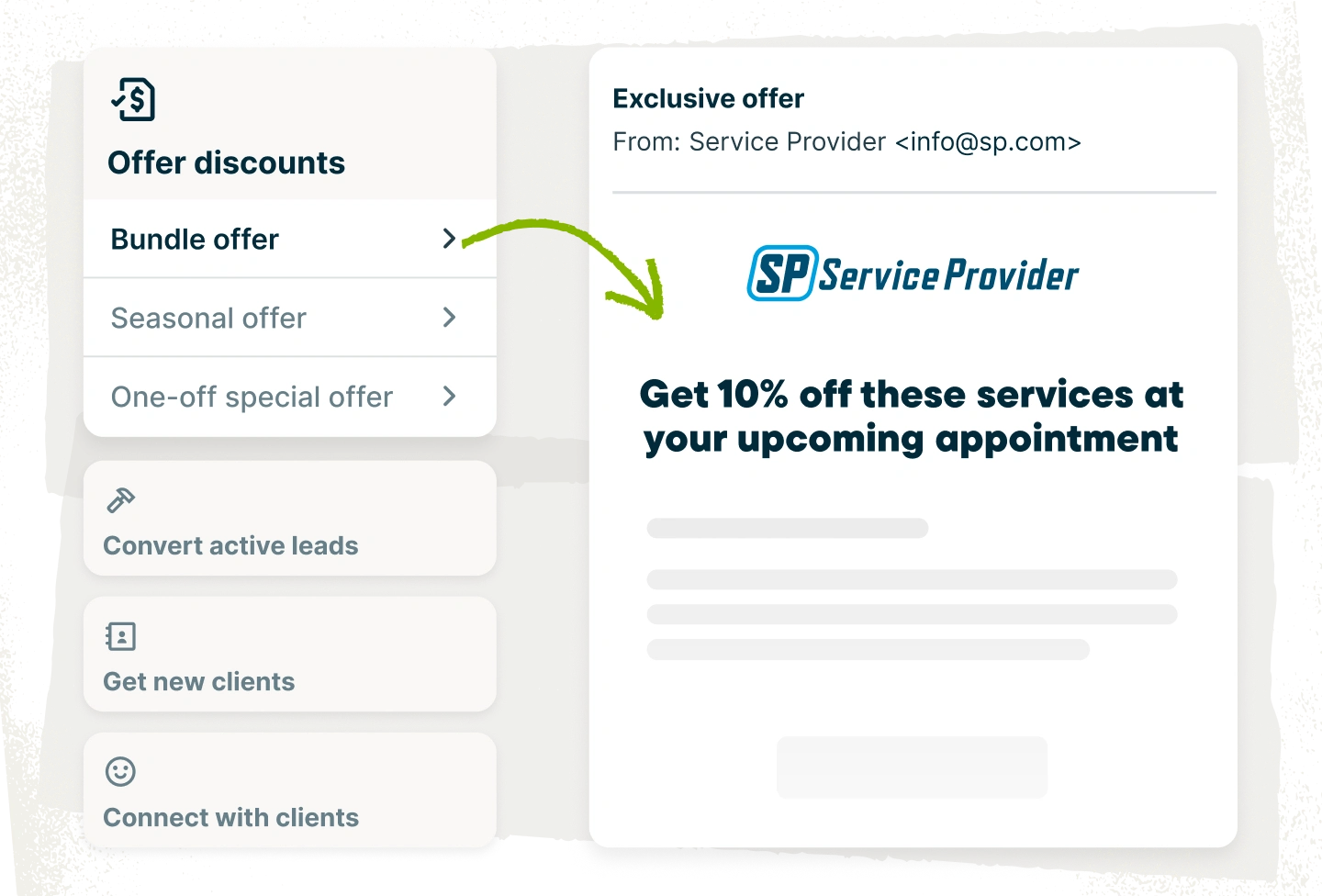 A customer engagement email from a service company built with Jobber Campaigns. Surrounding it are email template elements that can be customized and a rich text editor.