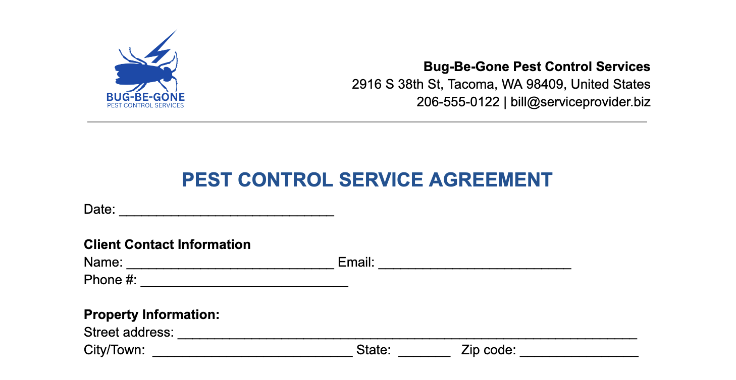 Pest control service agreement sample with blank lines for customer information