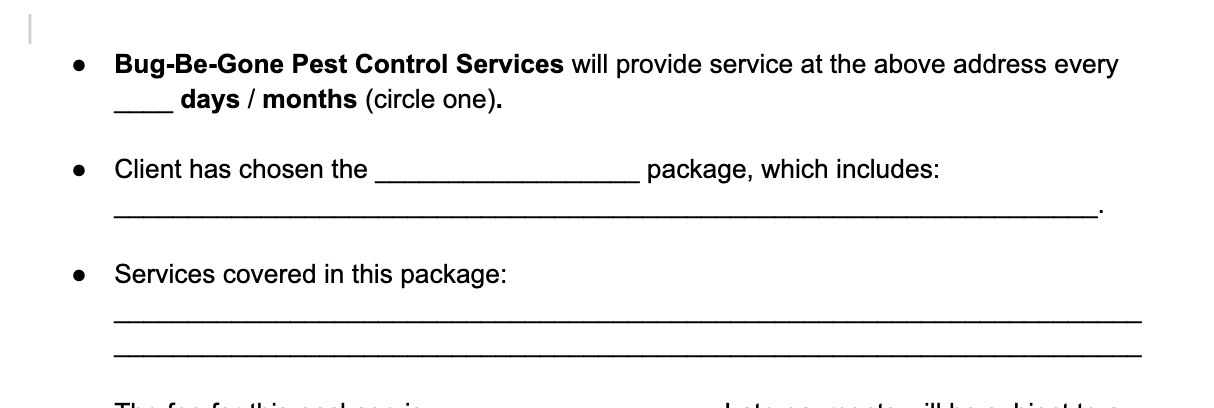 Blank lines on a pest control contract for scope of services