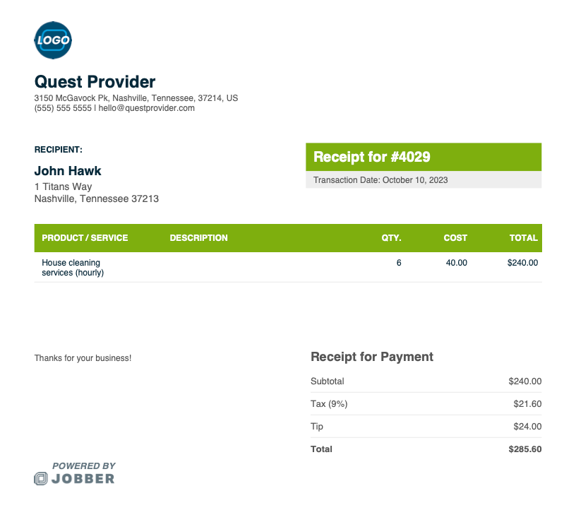 Free Cleaning Receipt Template | Edit &amp; Download | Jobber
