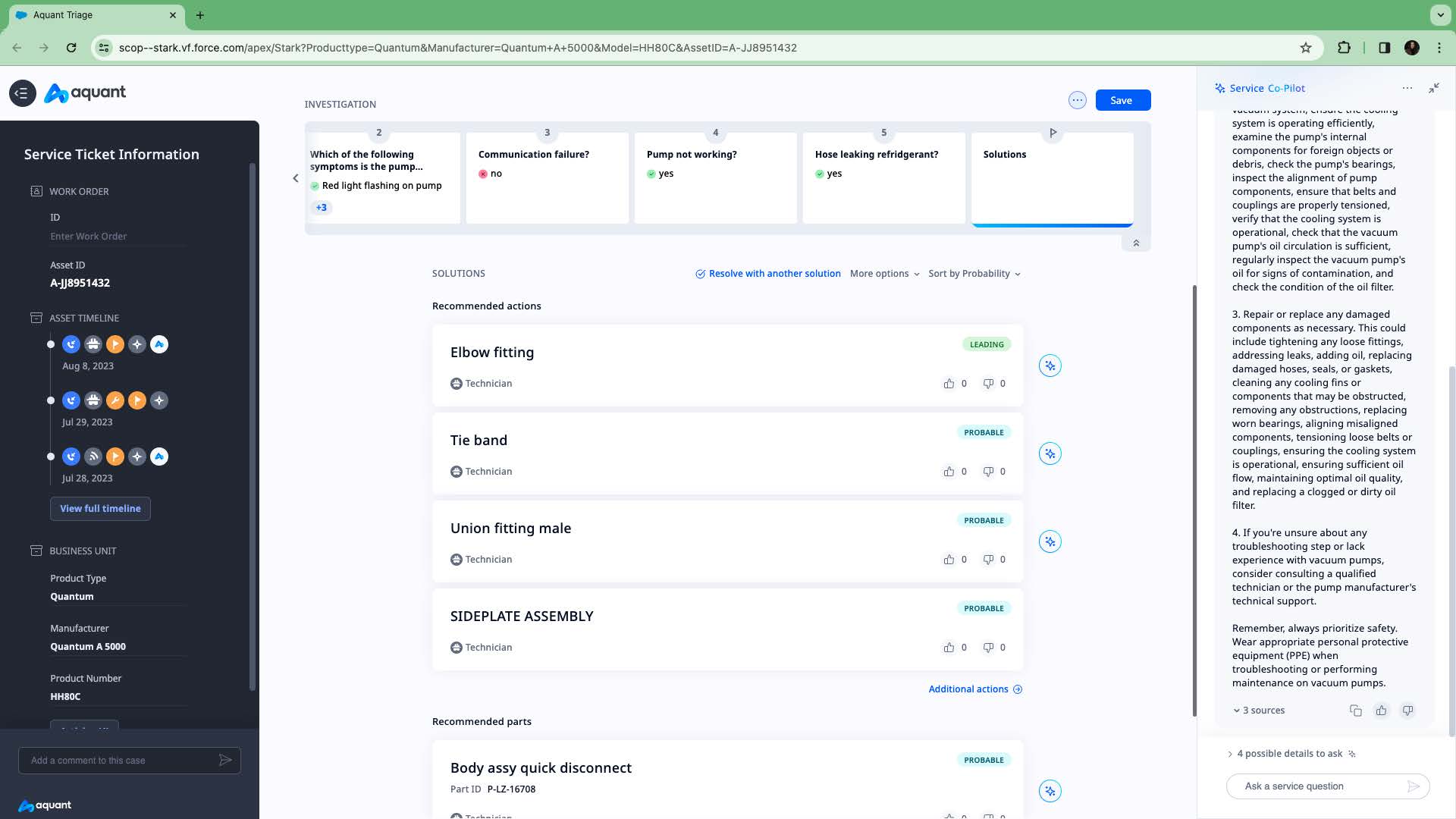 Aquant Service Co-Pilot troubleshooting interface